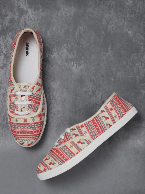 

Anouk Women Cream-Coloured & Red Printed Sneakers