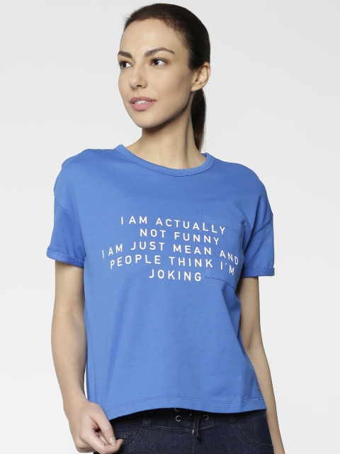 

ONLY Women Blue Printed Round Neck T-shirt