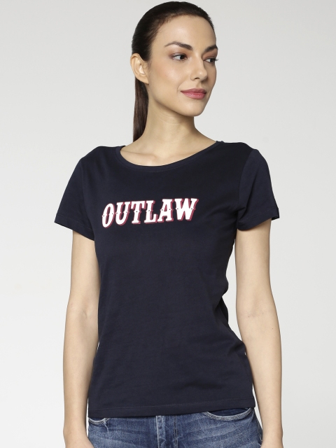 

ONLY Women Navy Blue Printed Round Neck T-shirt