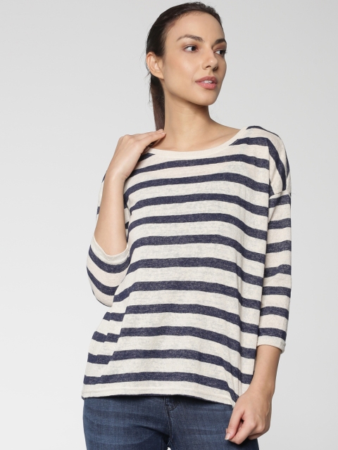 

ONLY Women Off-White & Navy Blue Striped Round Neck T-shirt