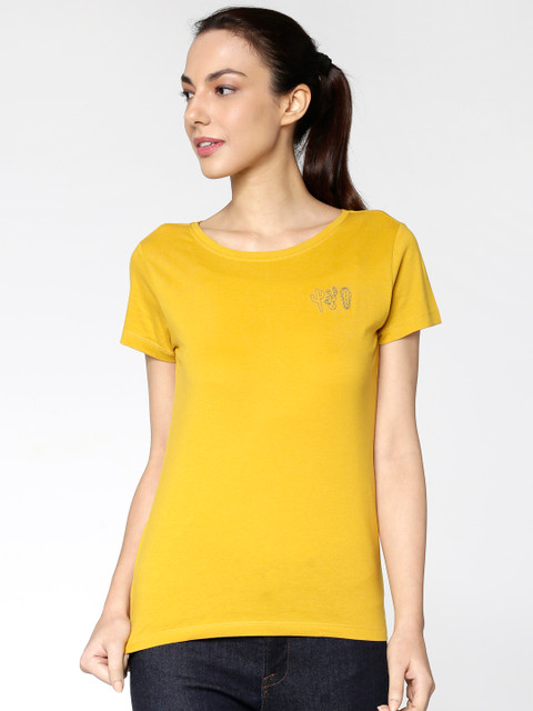 

ONLY Women Mustard Yellow Solid Round Neck T-shirt
