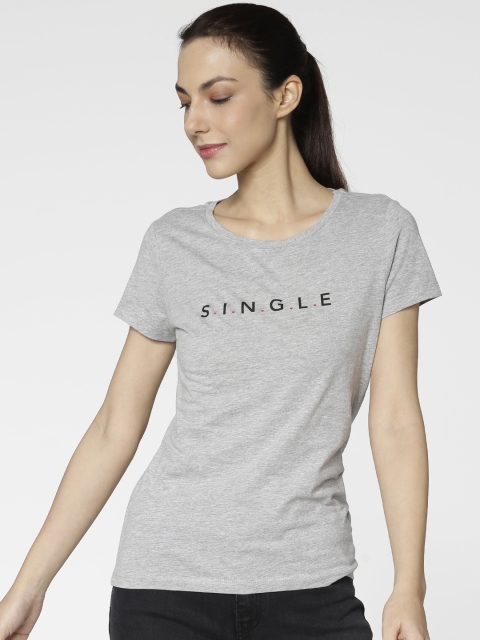 

ONLY Women Grey Melange Solid Round Neck T-shirt with Printed Detail