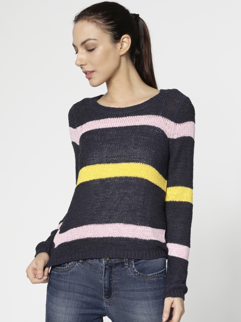 

ONLY Women Navy Blue & Pink Striped Sweater