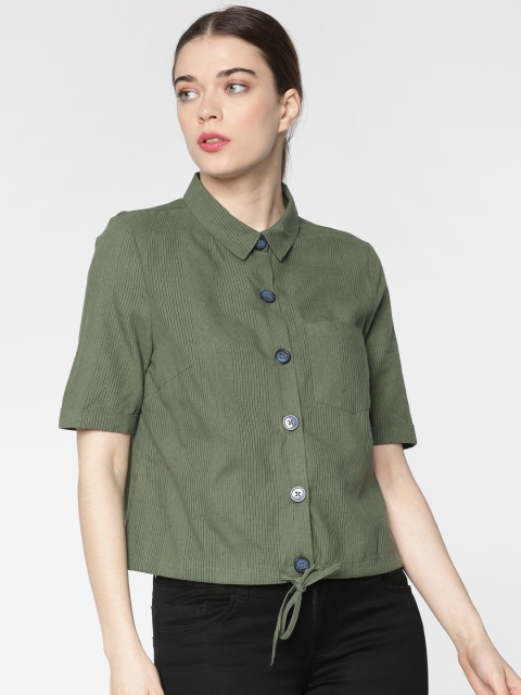 

ONLY Women Green & Black Regular Fit Striped Casual Shirt