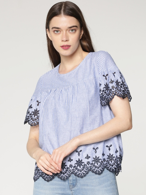 

ONLY Women Blue & White Striped Empire Pure Cotton Top