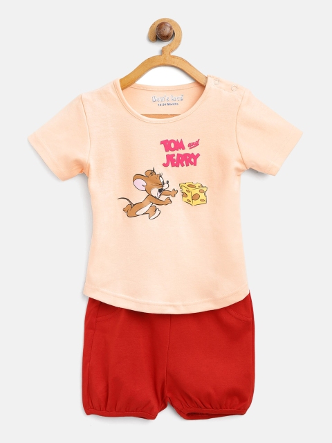 

Moms Love Girls Peach-Coloured & Red Printed T-shirt with Shorts