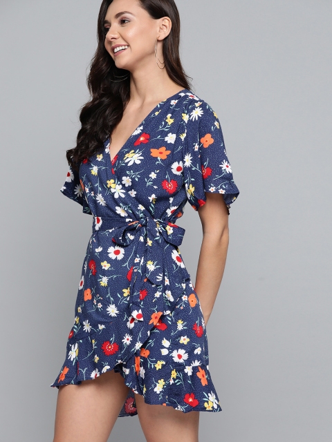 

HERE&NOW Women Navy & White Printed Wrap Dress, Navy blue