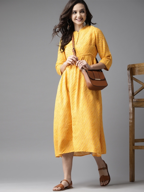 

HERE&NOW Women Yellow Striped Midi A-Line Dress