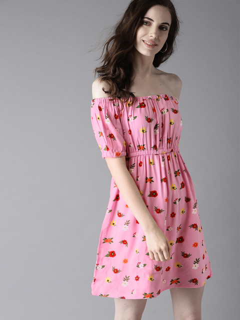 

HERE&NOW Women Pink & Red Printed Bardot Fit & Flare Dress