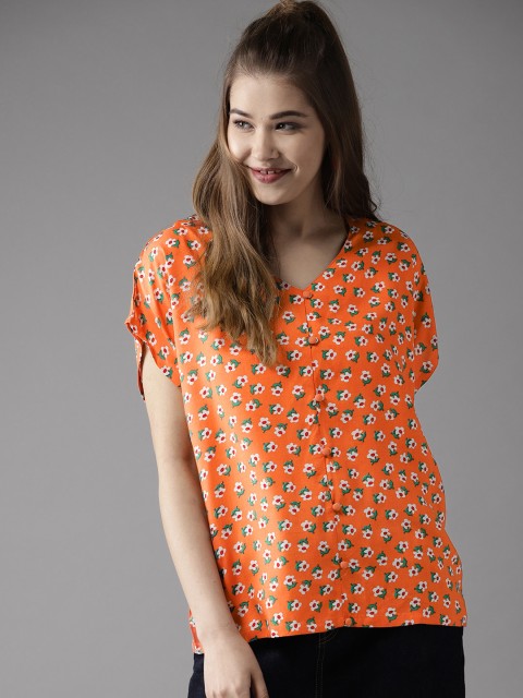 

HERE&NOW Women Orange & White Floral Print Boxy Top