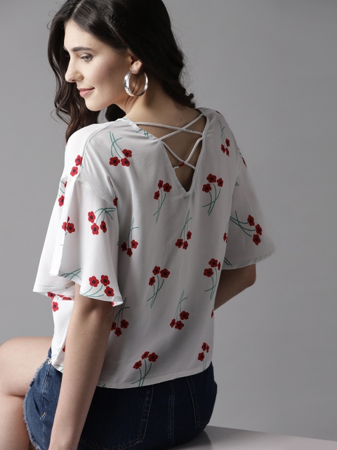 

HERE&NOW Women White & Red Printed Styled Back Top