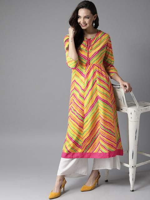 

HERE&NOW Women Yellow & Pink Chevron Print A-Line Kurta