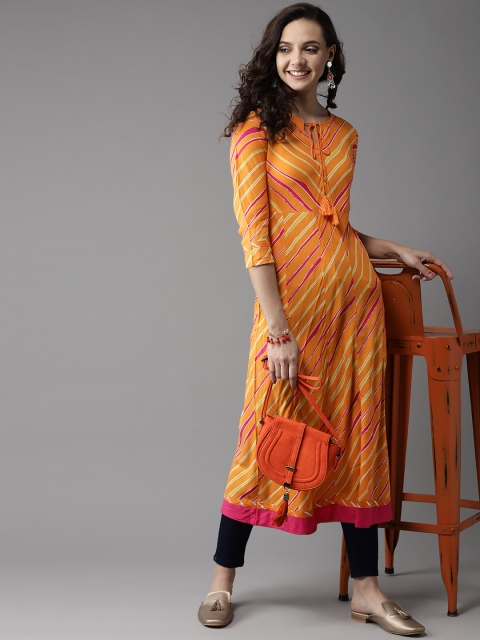 

HERE&NOW Women Orange & Magenta Striped A-Line Kurta