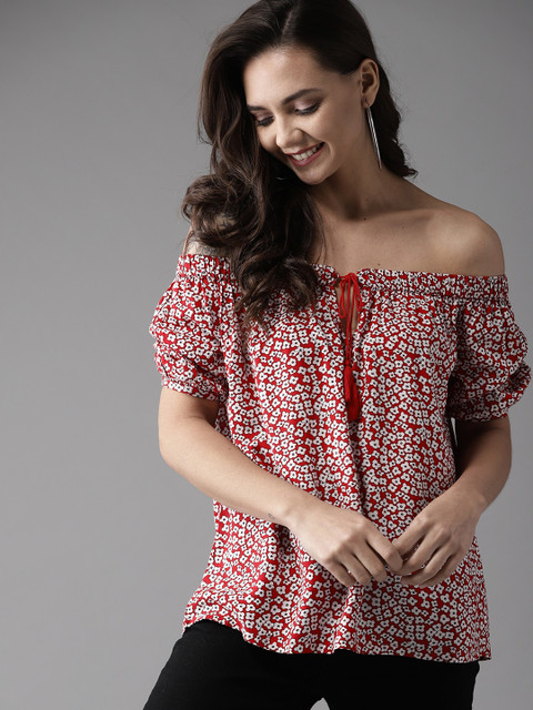 

HERE&NOW Women Red & White Floral Print Bardot Top