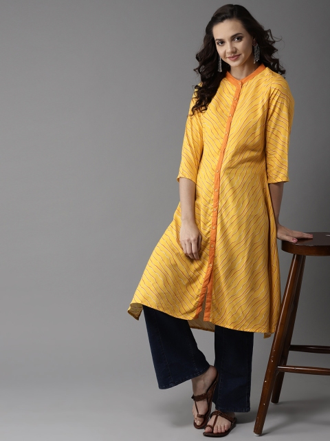 

HERE&NOW Women Yellow & Orange Striped A-Line Kurta