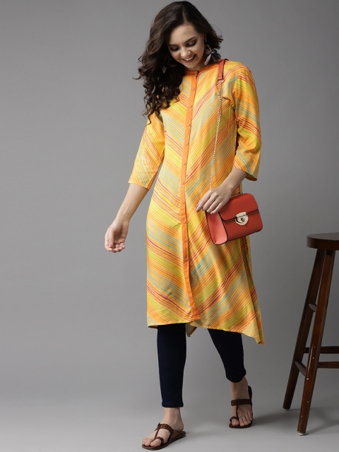 

HERE&NOW Women Yellow & Blue Striped Asymmetric Hemline A-Line Kurta