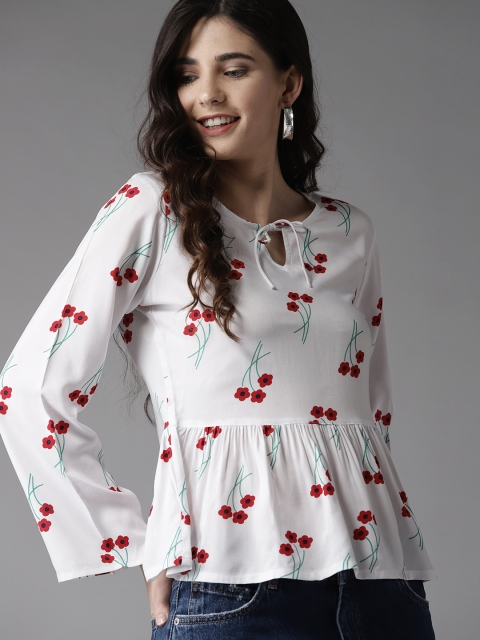 

HERE&NOW Women White & Red Printed A-Line Top