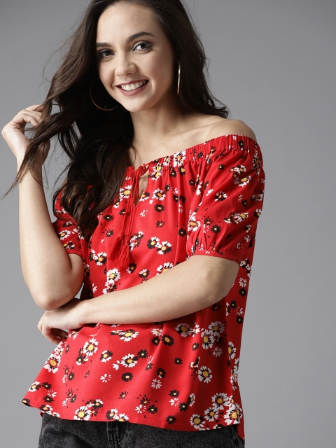 

HERE&NOW Women Red & White Printed Bardot Top