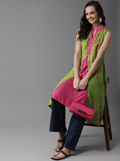 

HERE&NOW Women Magenta & Green Layered Striped A-Line Kurta
