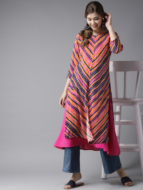 

HERE&NOW Women Magenta & Navy Blue Striped A-Line Layered Kurta