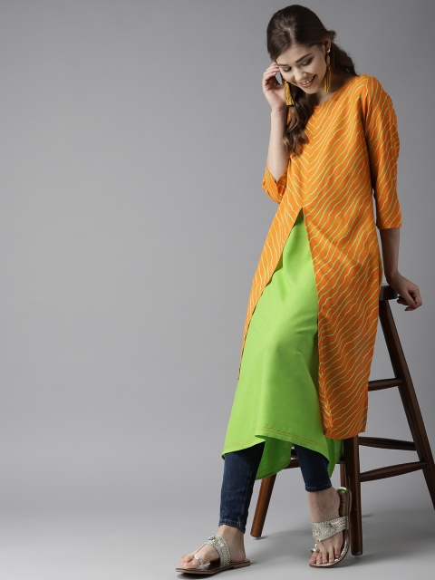 

HERE&NOW Women Green & Orange Printed Layered A-Line Kurta