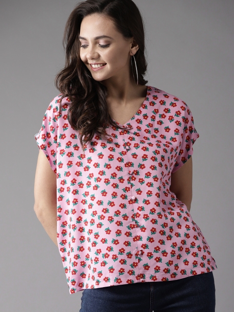 

HERE&NOW Women Pink & Red Printed Boxy Top