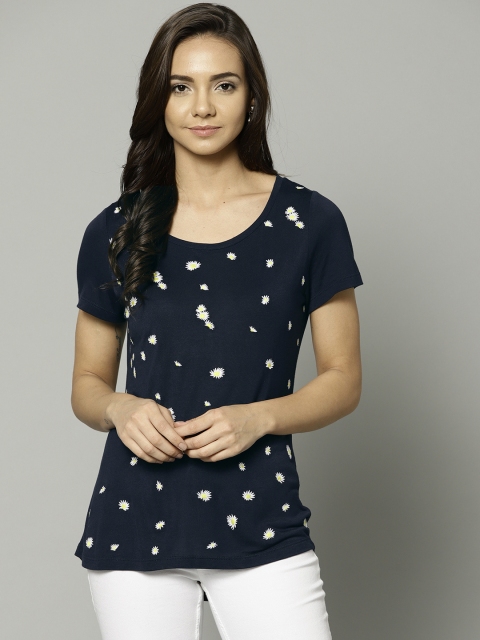 

Marks & Spencer Women Navy Blue & White Embroidered Round Neck T-shirt