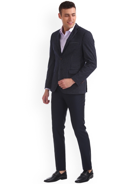 

Arrow New York Men Navy Blue Striped Slim-Fit Single Breasted Blazer