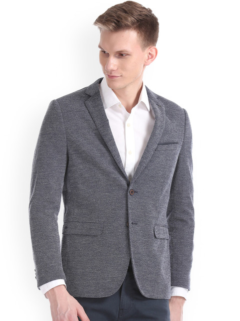 

Arrow New York Men Navy Blue Self-Design Slim-Fit Single Breasted Blazer