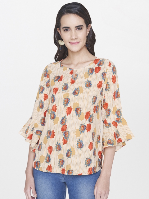 

Global Desi Women Beige Printed Top