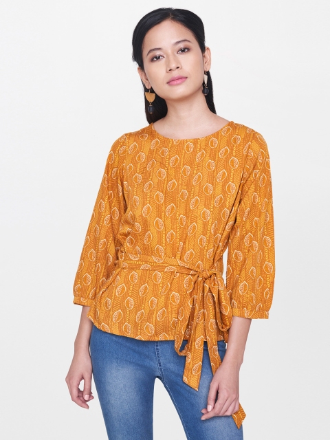 

Global Desi Women Mustard Yellow Printed Top