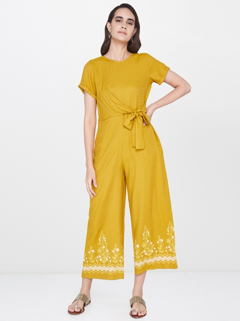 

Global Desi Mustard Yellow Self-Design Ethnic Jumpsuit