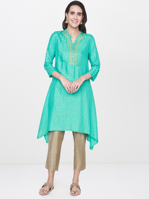 

Global Desi Women Sea Green Printed A-Line Asymmetric Kurta