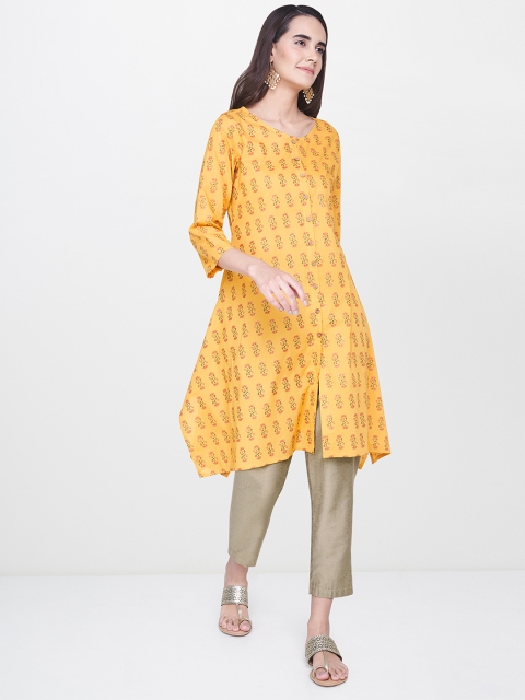 

Global Desi Women Mustard Yellow Printed A-Line Kurta