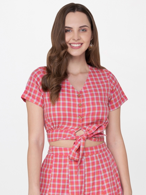 

Global Desi Women Pink Checked Crop Pure Cotton Top