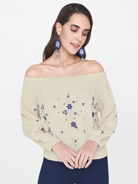 

Global Desi Women Off-White Embroidered Bardot Top