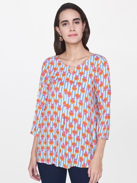 

Global Desi Women Blue Printed Top