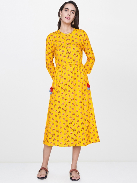 

Global Desi Women Mustard Yellow & Red Printed A-Line Ethnic Dress