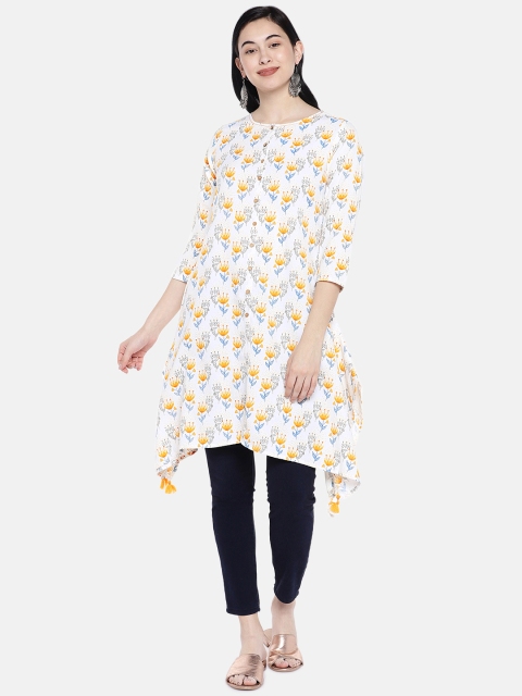 

Global Desi Women Off-White Printed Asymmetrical Hem A-Line Kurta