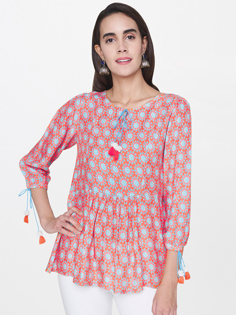 

Global Desi Women Coral Pink & Blue Printed A-Line Top