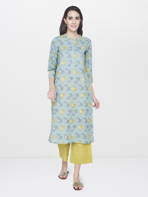 

Global Desi Women Blue Printed Kurta with Mustard Yellow Striped Palazzos