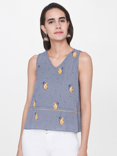 

Global Desi Women Navy Blue Checked Pure Cotton Top