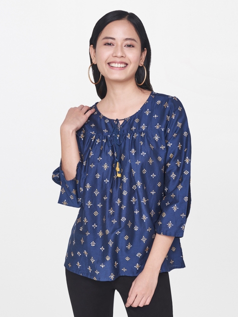 

Global Desi Women Navy Blue Printed Top
