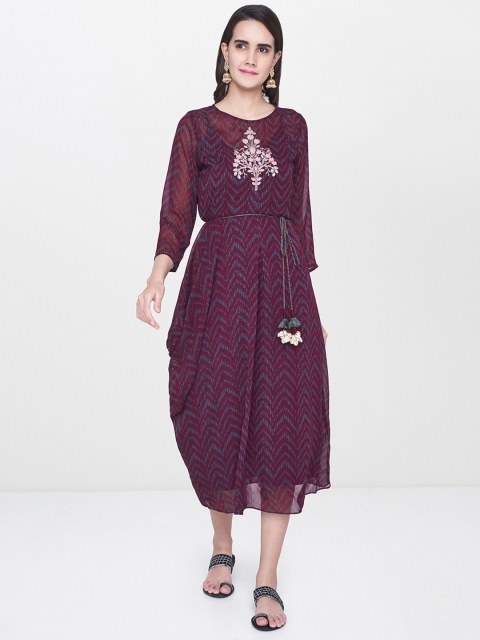 

Global Desi Women Purple & Grey Embroidered Printed A-Line Dress