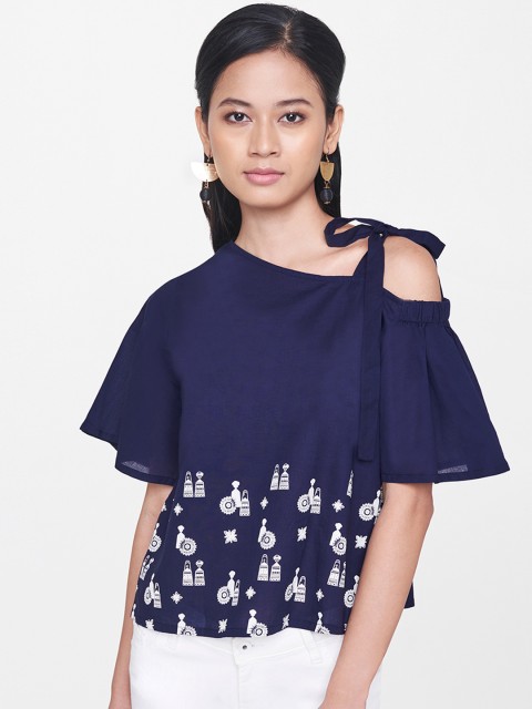 

Global Desi Women Navy Blue Printed One-Shoulder Top