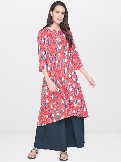

Global Desi Women Red & White Printed A-Line High-Low Flared Kurta