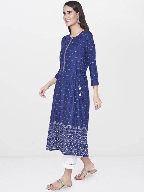 

Global Desi Women Blue Printed A-Line Kurta with Waist Tie-Ups