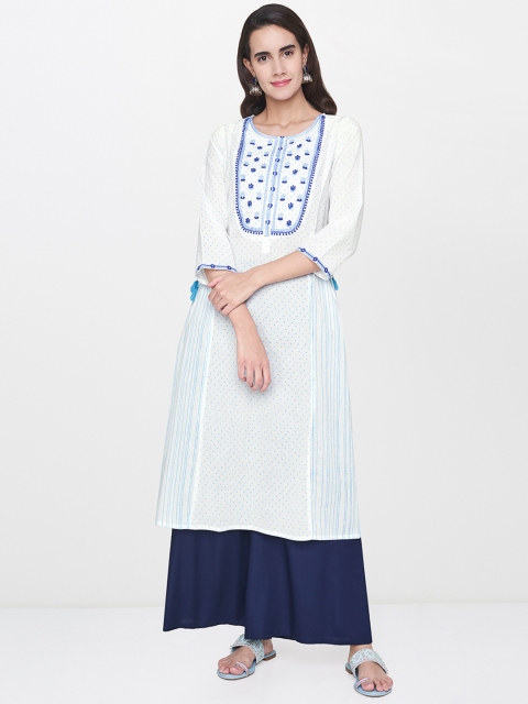 

Global Desi Women White & Blue Printed A-Line Kurta with Waist Tie-Ups