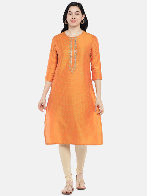 

Global Desi Women Orange Printed Straight Kurta