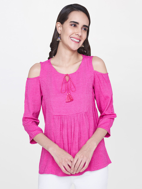 

Global Desi Women Pink Self Design Cold-Shoulder Empire Top